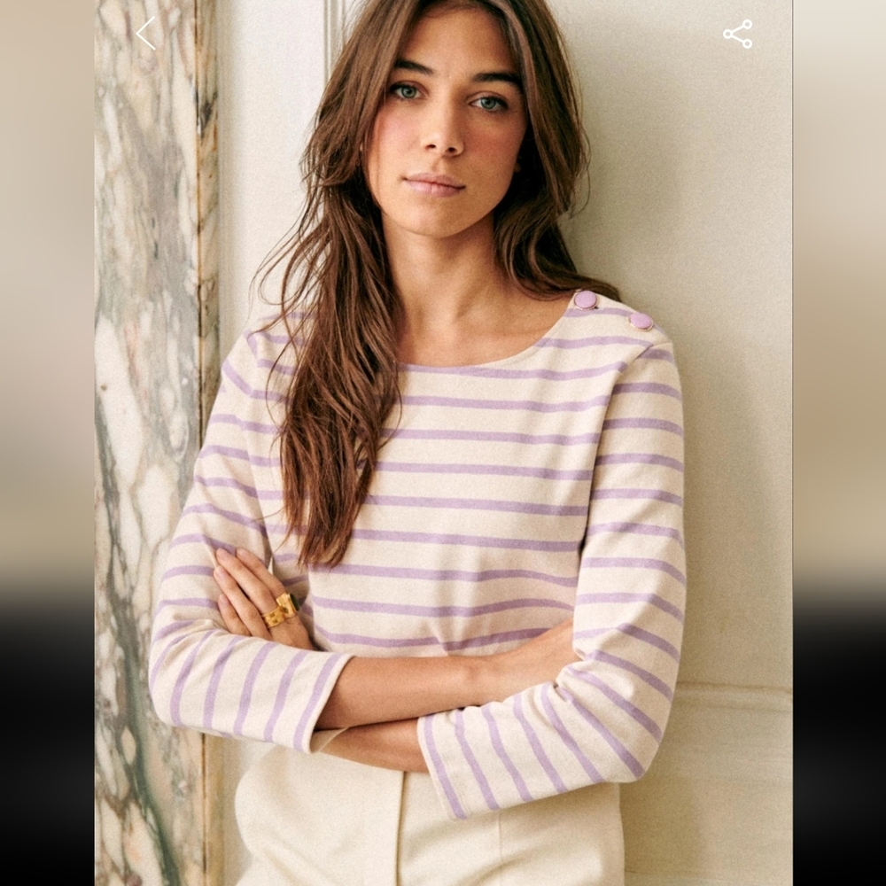 Sezane Colette 100% Organic Cotton Lilac and White Striped Long Sleeve Tee